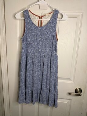 Hem & Thread Blue & White Dotted Sleeveless Dress with Rust Trim